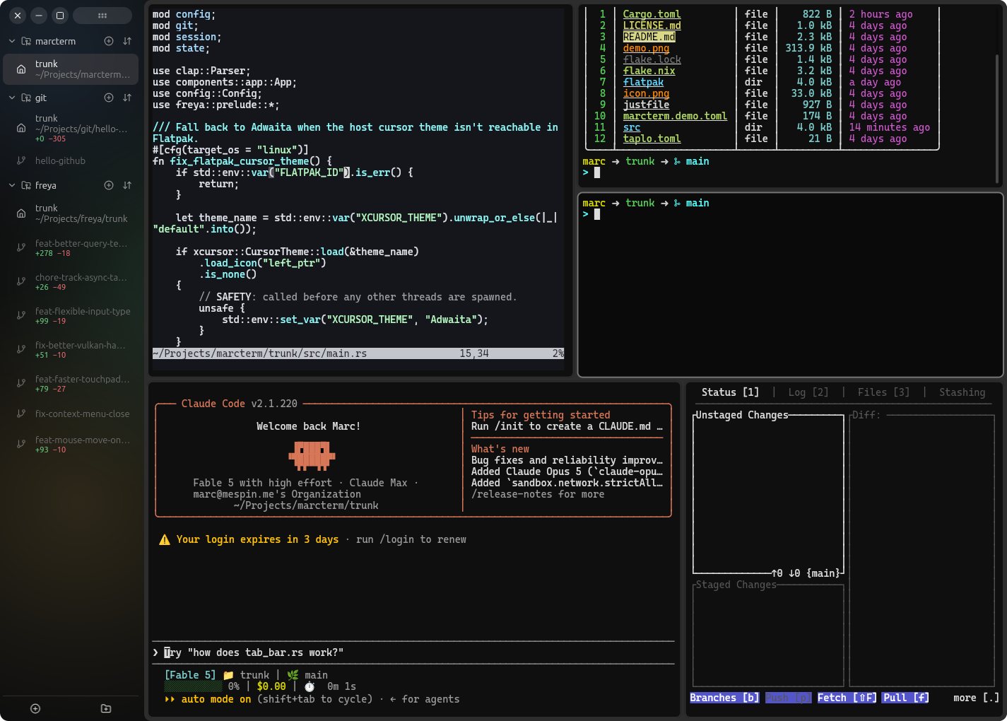 marcterm terminal emulator running with split panels and the project sidebar open